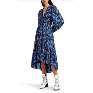 Ulla Johnson Joan Floral SILK Cotton Midi Dress Long Sleeve $479 Navy Blue